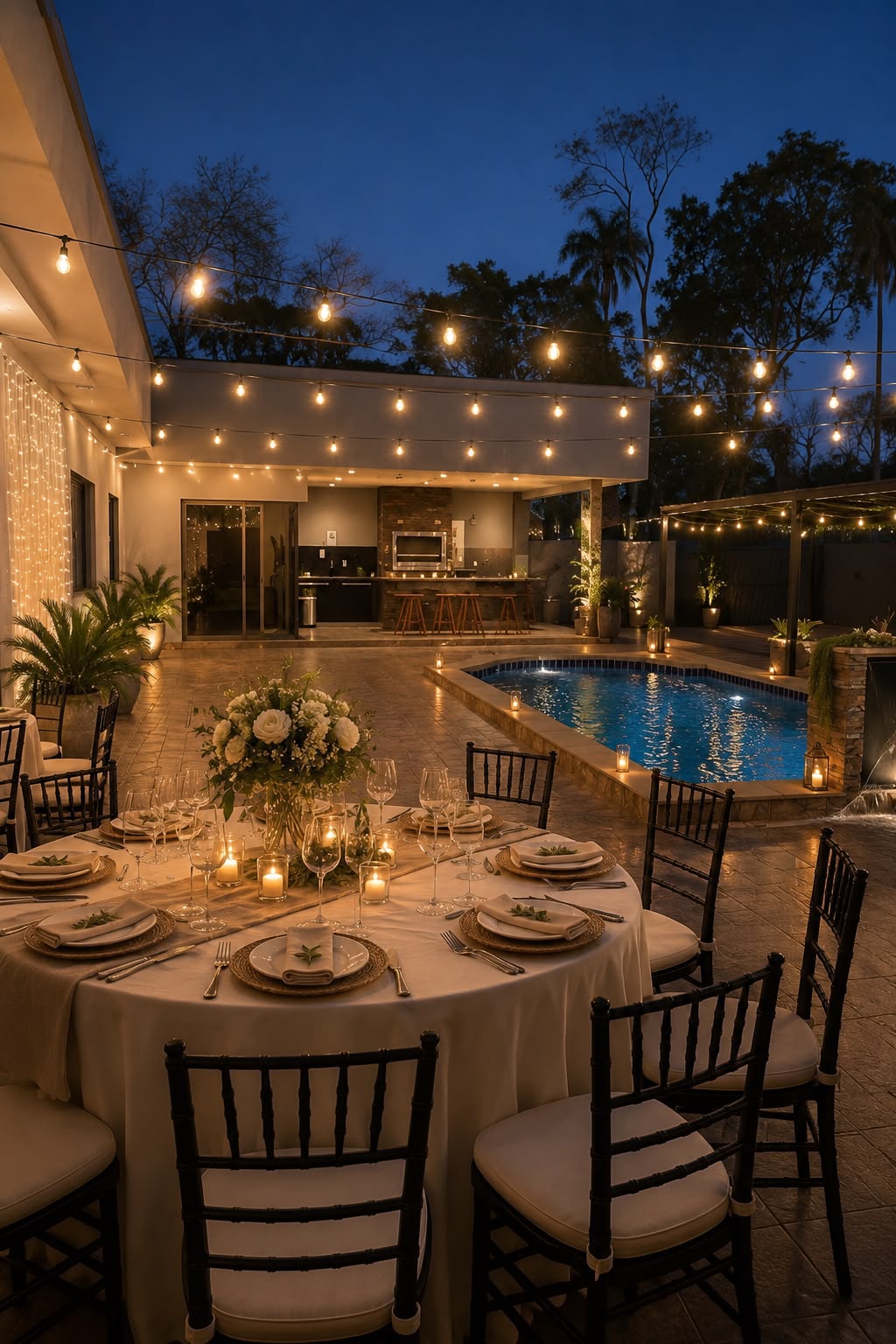 Cena elegante junto a la piscina de Casa Margarita