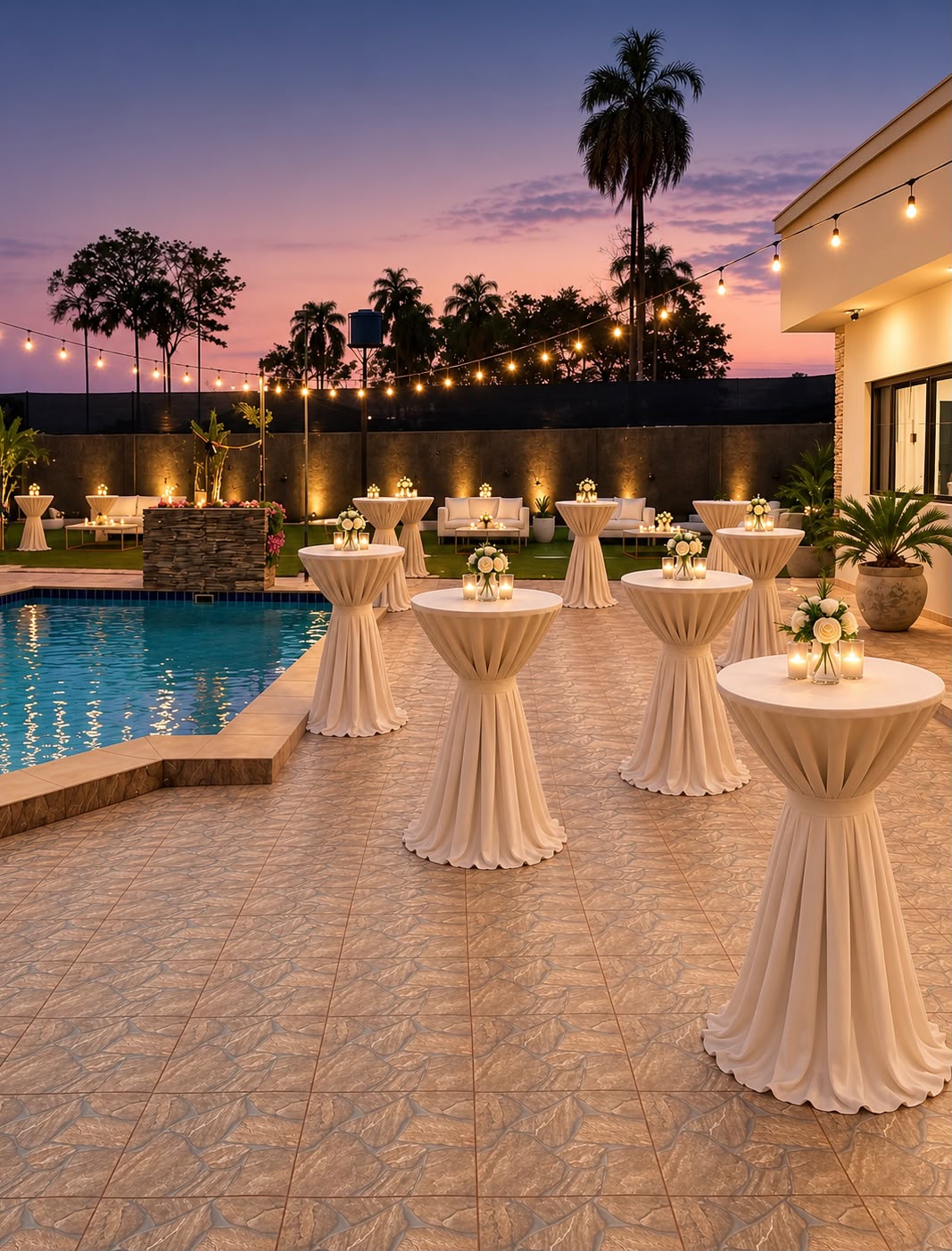 Evento con mesas de cóctel junto a la piscina de Casa Margarita